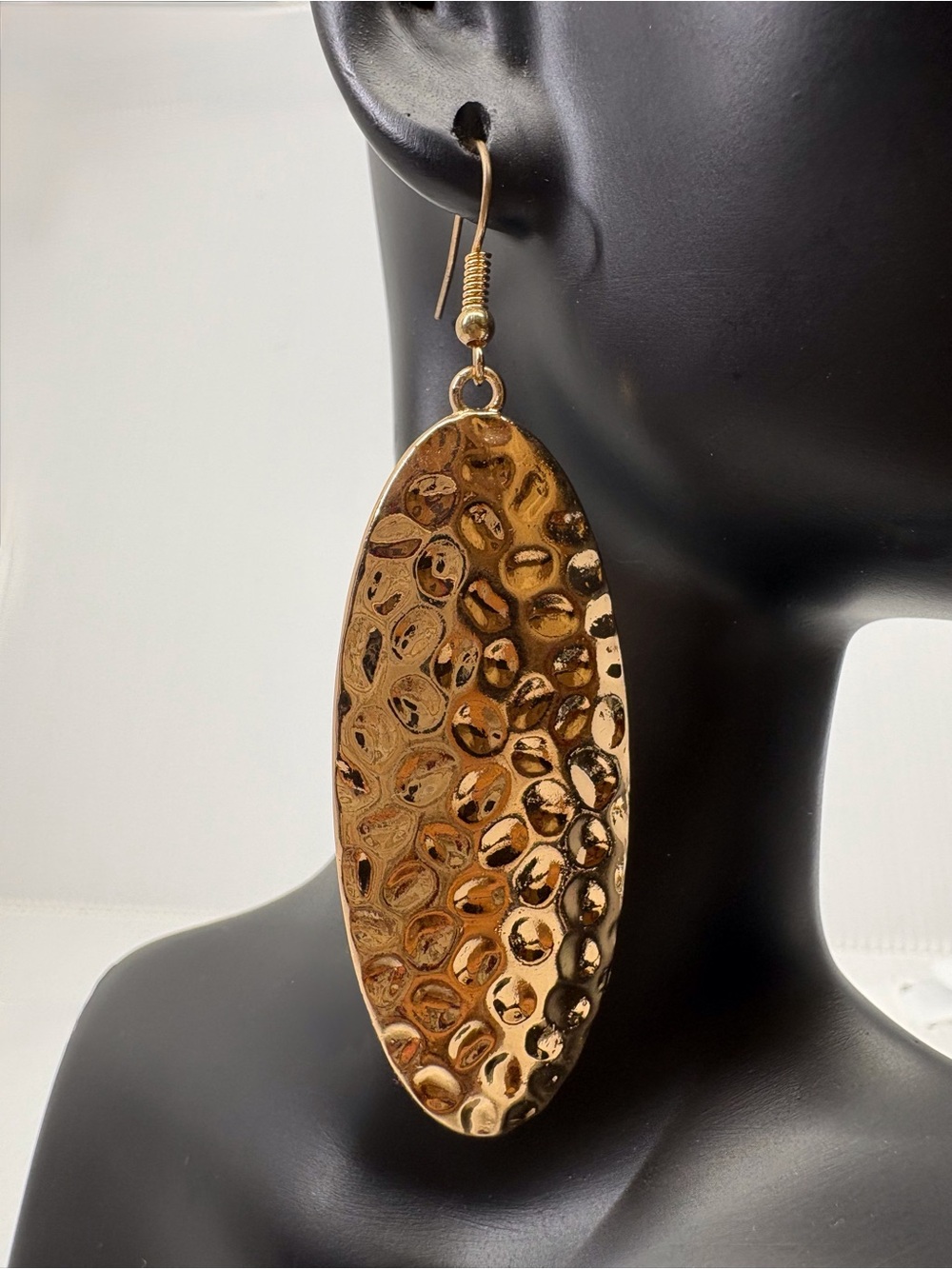 Gold Hammered Oval Drop Earrings - Women Jewelry
